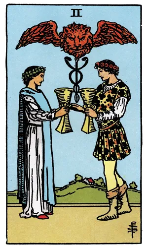 Two of Cups tarot card from the 1909 Rider–Waite–Smith deck