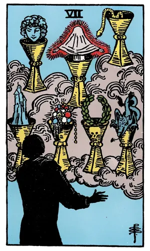 Seven of Cups tarot card from the 1909 Rider–Waite–Smith deck