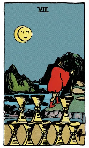 Eight of Cups tarot card from the 1909 Rider–Waite–Smith deck