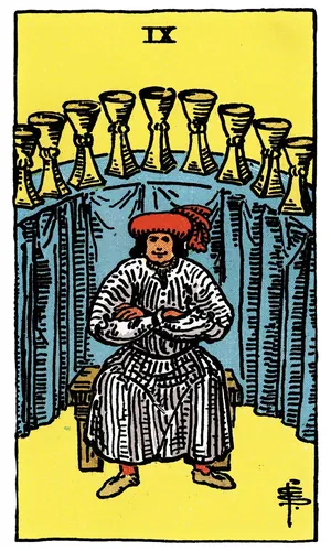Nine of Cups tarot card from the 1909 Rider–Waite–Smith deck