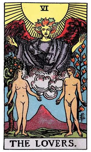 The Lovers tarot card from the 1909 Rider–Waite–Smith deck