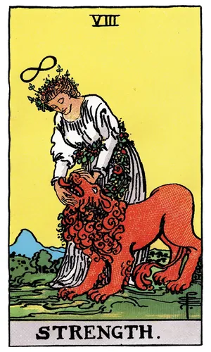 Strength tarot card from the 1909 Rider–Waite–Smith deck
