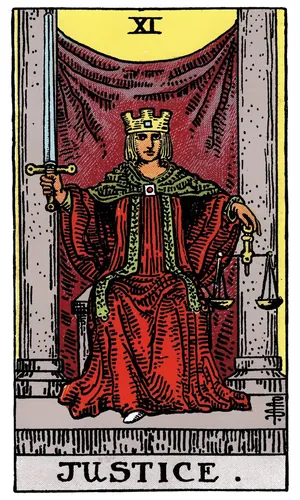 Justice tarot card from the 1909 Rider–Waite–Smith deck