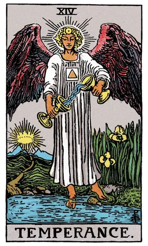 Temperance tarot card from the 1909 Rider–Waite–Smith deck