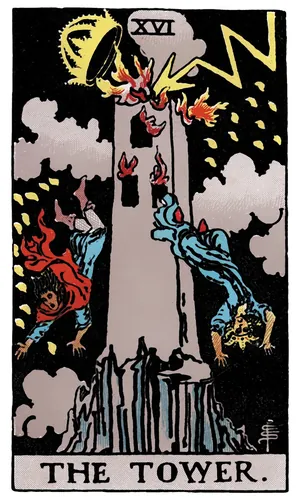 The Tower tarot card from the 1909 Rider–Waite–Smith deck
