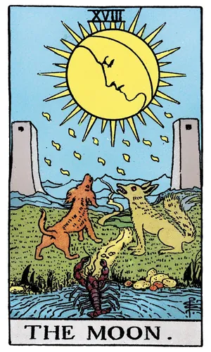 The Moon tarot card from the 1909 Rider–Waite–Smith deck