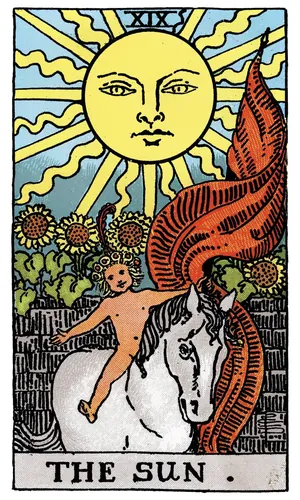 The Sun tarot card from the 1909 Rider–Waite–Smith deck