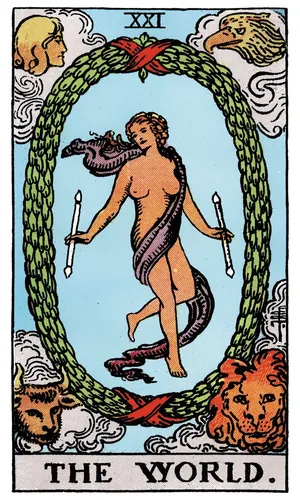 The World tarot card from the 1909 Rider–Waite–Smith deck