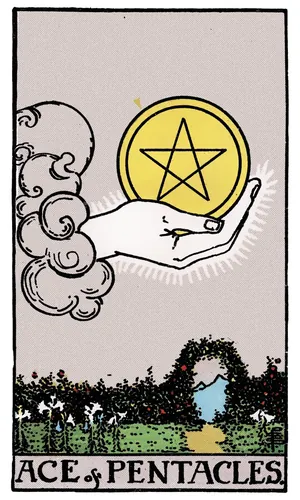 Ace of Pentacles tarot card from the 1909 Rider–Waite–Smith deck