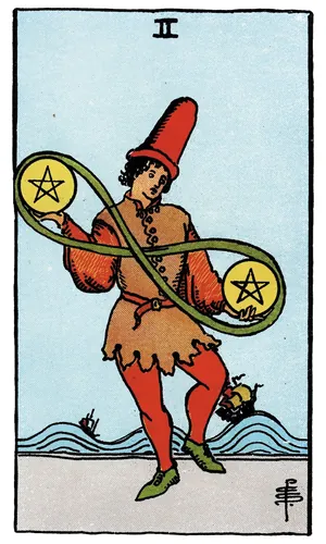Two of Pentacles tarot card from the 1909 Rider–Waite–Smith deck