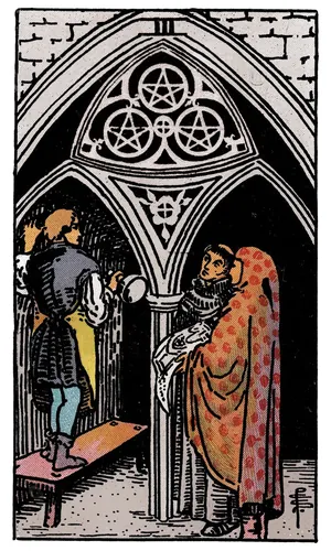 Three of Pentacles tarot card from the 1909 Rider–Waite–Smith deck