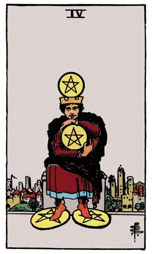 Four of Pentacles tarot card from the 1909 Rider–Waite–Smith deck