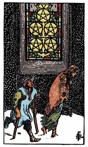 Five of Pentacles tarot card from the 1909 Rider–Waite–Smith deck
