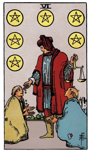 Six of Pentacles tarot card from the 1909 Rider–Waite–Smith deck