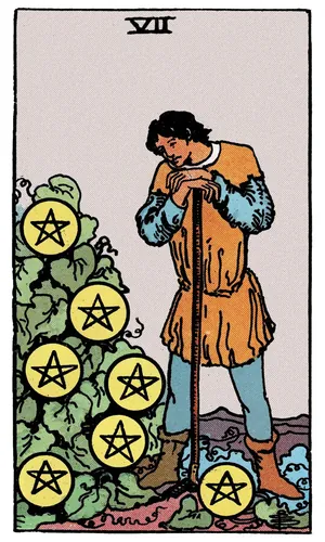 Seven of Pentacles tarot card from the 1909 Rider–Waite–Smith deck