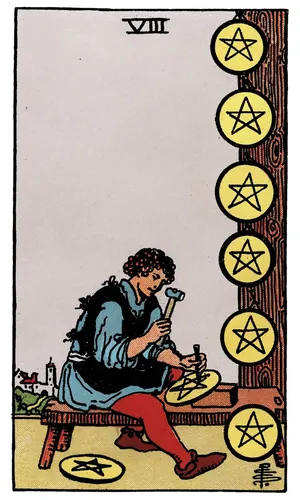 Eight of Pentacles tarot card from the 1909 Rider–Waite–Smith deck