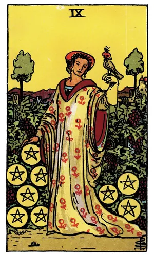 Nine of Pentacles tarot card from the 1909 Rider–Waite–Smith deck