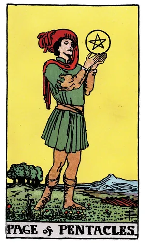 Page of Pentacles tarot card from the 1909 Rider–Waite–Smith deck