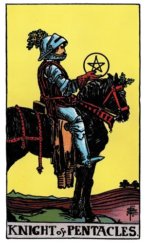 Knight of Pentacles tarot card from the 1909 Rider–Waite–Smith deck