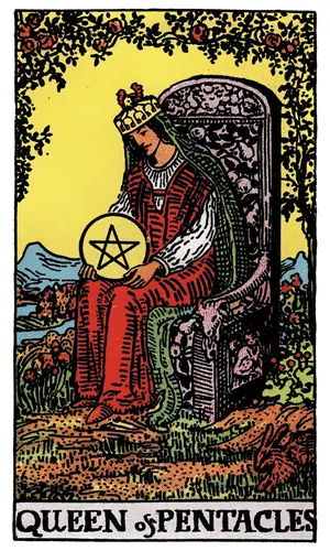 Queen of Pentacles tarot card from the 1909 Rider–Waite–Smith deck