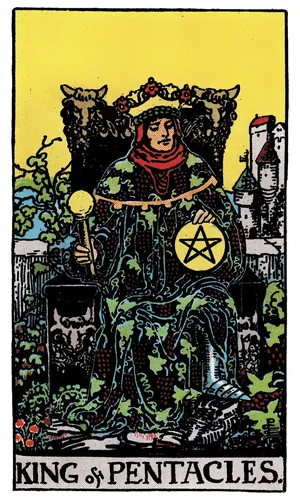 King of Pentacles tarot card from the 1909 Rider–Waite–Smith deck
