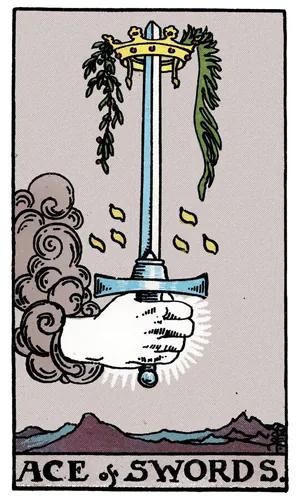 Ace of Swords tarot card from the 1909 Rider–Waite–Smith deck