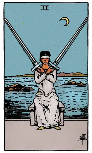 Two of Swords tarot card from the 1909 Rider–Waite–Smith deck