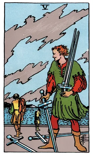 Five of Swords tarot card from the 1909 Rider–Waite–Smith deck