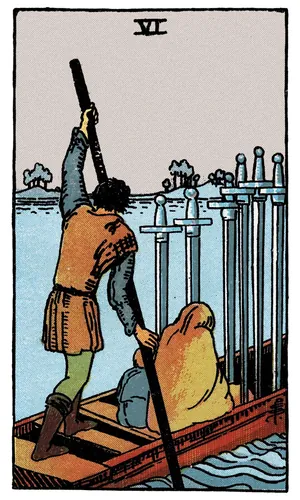 Six of Swords tarot card from the 1909 Rider–Waite–Smith deck
