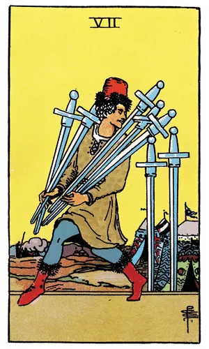 Seven of Swords tarot card from the 1909 Rider–Waite–Smith deck