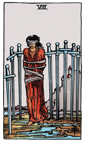 Eight of Swords tarot card from the 1909 Rider–Waite–Smith deck