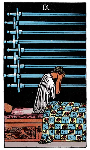 Nine of Swords tarot card from the 1909 Rider–Waite–Smith deck