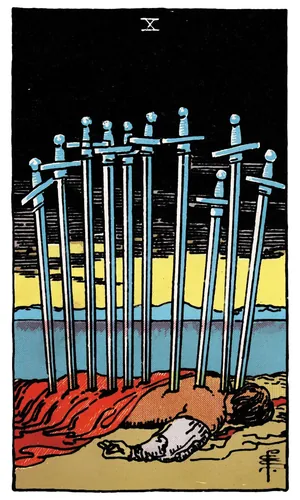 Ten of Swords tarot card from the 1909 Rider–Waite–Smith deck