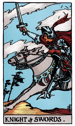 Knight of Swords tarot card from the 1909 Rider–Waite–Smith deck