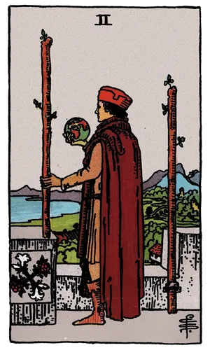Two of Wands tarot card from the 1909 Rider–Waite–Smith deck