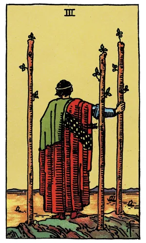 Three of Wands tarot card from the 1909 Rider–Waite–Smith deck