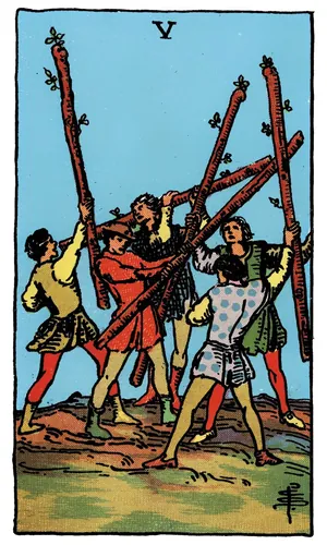 Five of Wands tarot card from the 1909 Rider–Waite–Smith deck