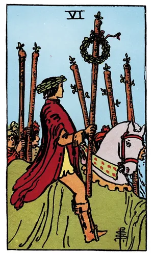 Six of Wands tarot card from the 1909 Rider–Waite–Smith deck
