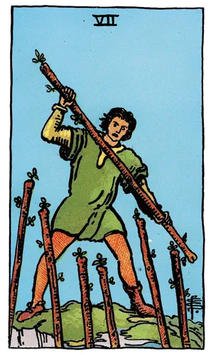 Seven of Wands tarot card from the 1909 Rider–Waite–Smith deck