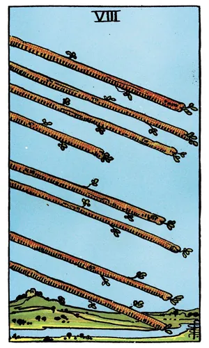Eight of Wands tarot card from the 1909 Rider–Waite–Smith deck