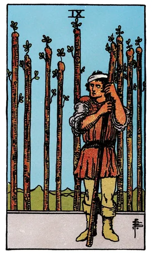 Nine of Wands tarot card from the 1909 Rider–Waite–Smith deck