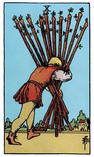 Ten of Wands tarot card from the 1909 Rider–Waite–Smith deck