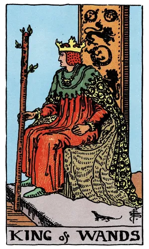 King of Wands tarot card from the 1909 Rider–Waite–Smith deck